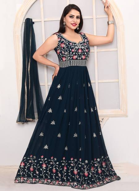 N F GOWN 21 Fancy Festive Wear Rayon Printed Long Gown With Dupatta Latest collection N F G 718 BLUE